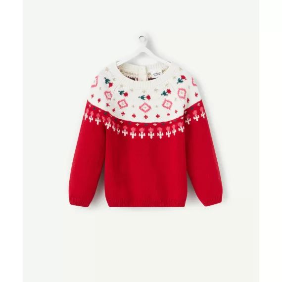 Pull en tricot bébé fille rouge et écru avec détails colorés