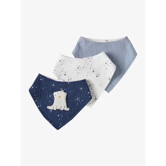 Lot de 3 bavoirs bandanas en gaze de coton bleu glacier