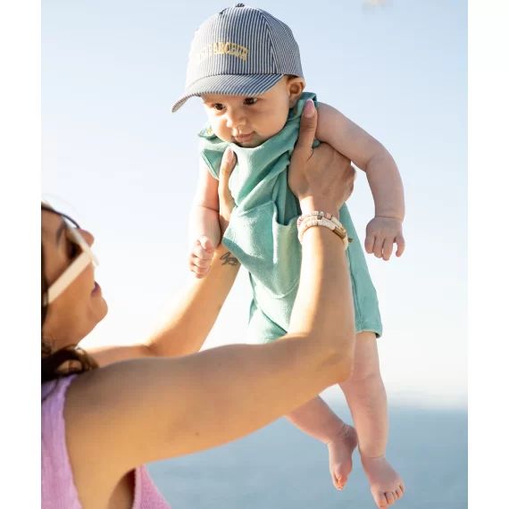 Salopette bébé garçon en fibres recyclées matière éponge turquoise –  – Soldes