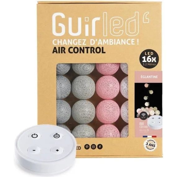 Guirlande lumineuse boules coton LED USB – Télécommandée -Veilleuse bébé 2h –  4 intensités – 16 boules 1,6m – Églantine gris