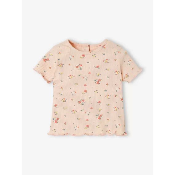 T-shirt à fleurs en maille côtelée bébé rose grisé imprimé