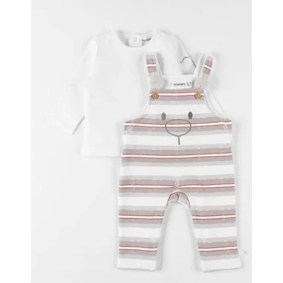 Set salopette rayée + t-shirt manches longues beige