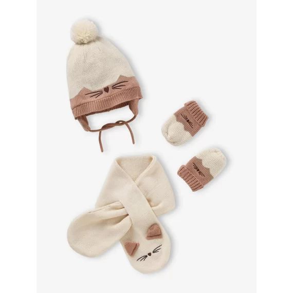 Ensemble bébé fille bonnet + écharpe + moufles chat écru
