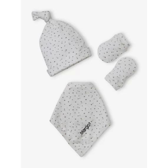Ensemble bonnet + moufles + foulard + sac bébé fille imprimé personnalisable écru