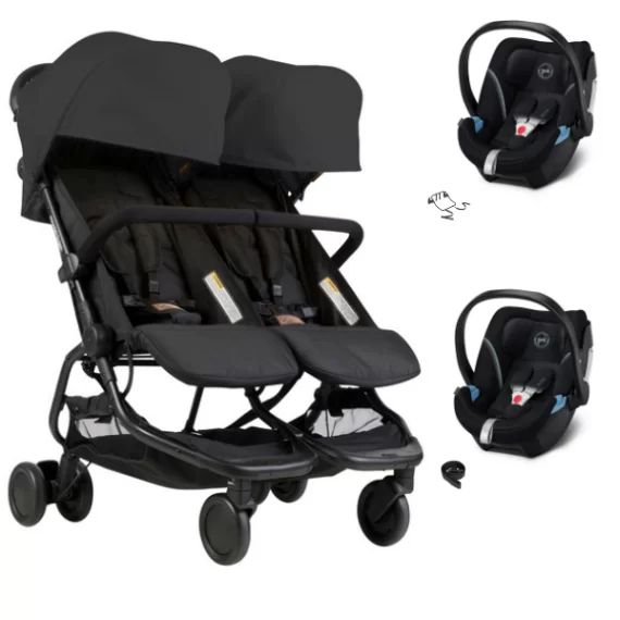 Poussette Double Mountain Buggy Nano Duo – Black + 2 Coques Auto Cybex Aton 5 – Deep Black