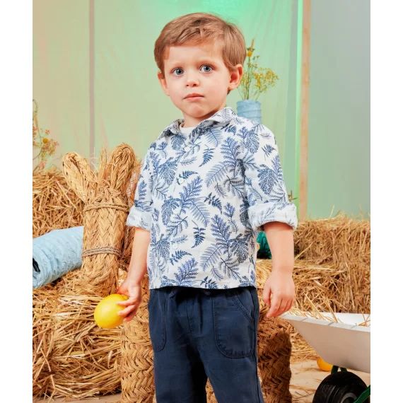 Chemise bébé garçon en lin blanc et imprimé feuilles bleues –  – Soldes