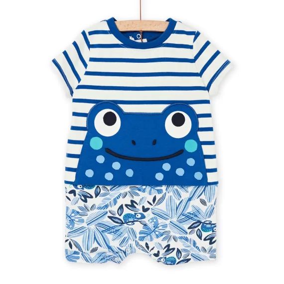 Grenouillère Courte Bleue À Imprimé À Rayures Et À Motif Grenouille. – Blanc
