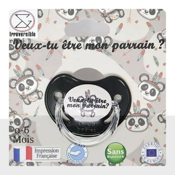 Sucette d&rsquo;annonce physiologique 0-6 mois – Veux-tu être mon parrain – pour annoncer votre grossesse de façon originale gris