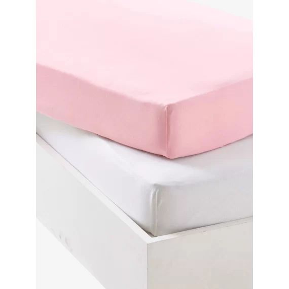 Lotde 2 draps-housses bébé en jersey extensible rose pâle + blanc