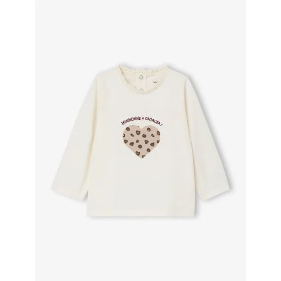 T-shirt bébé manches longues avec motif cœur léopard écru