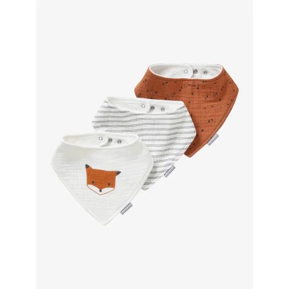 Lot de 3 bavoirs bandanas en gaze de coton lot renard