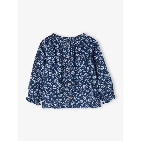 Blouse à fleurs en gaze de coton bébé fille bleu jean