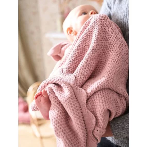 Couverture bébé tricot point de riz en coton bio* rose