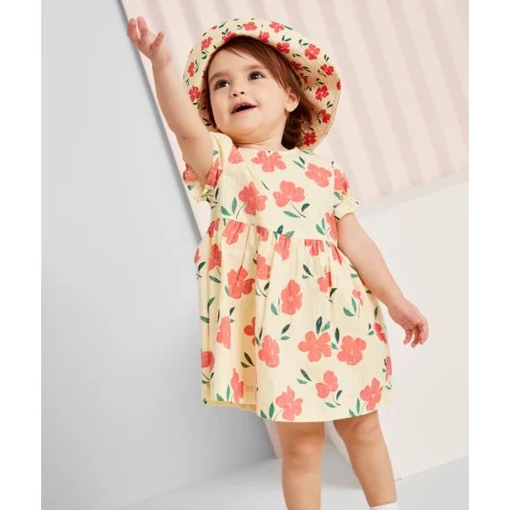 Robe bébé fille jaune en coton imprimée avec fleurs –  – Soldes