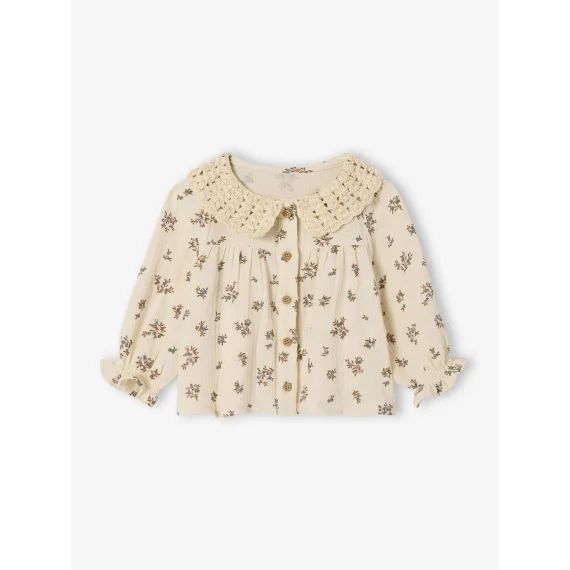 Blouse imprimée bébé avec col en crochet vanille