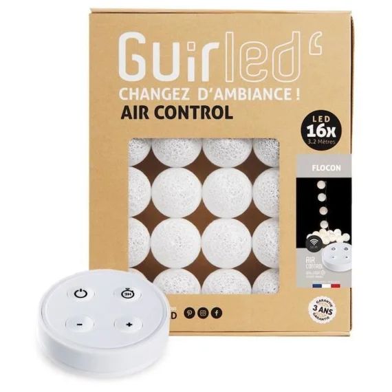 Guirlande lumineuse boules coton LED USB – Télécommandée -Veilleuse bébé 2h –  4 intensités – 16 boules 1,6m – Flocon blanc