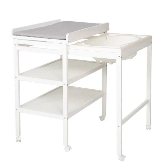 Table À Langer Avec Baignoire Coulissante + Matelas À Langer Déperlant Roba Style Blanc / Gris Argenté