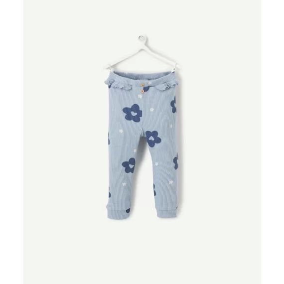 Legging bébé fille bleu côtelé imprimé avec fleurs et volants