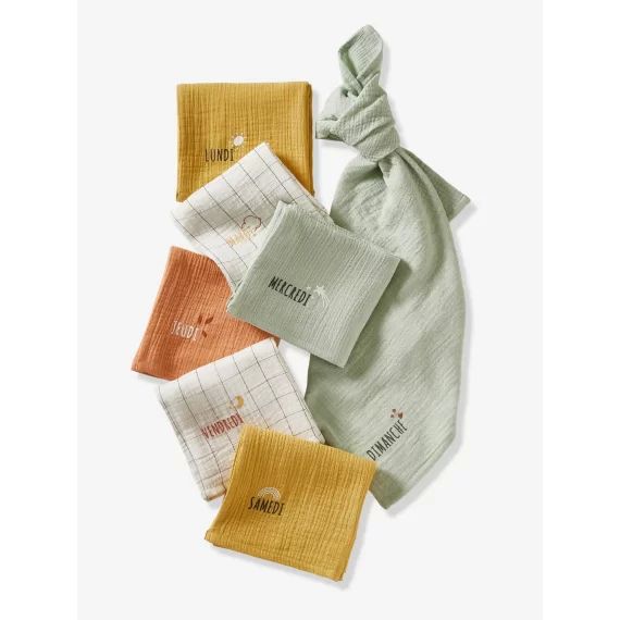 Coffret semainier de 7 langes en gaze de coton bio* blanc / multicolore
