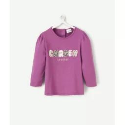 T-shirt manches longues en coton bio violet et message fleuri