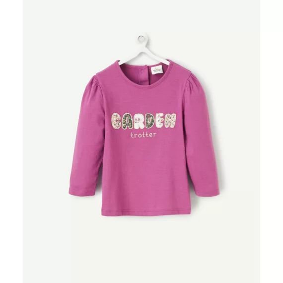 T-shirt manches longues en coton bio violet et message fleuri