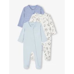 Lot de 3 pyjamas bébé en jersey ouverture zippée BASICS bleu chambray