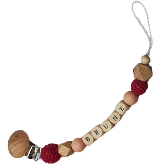 Attache sucette en bois framboise et rose pâle (personnalisable)