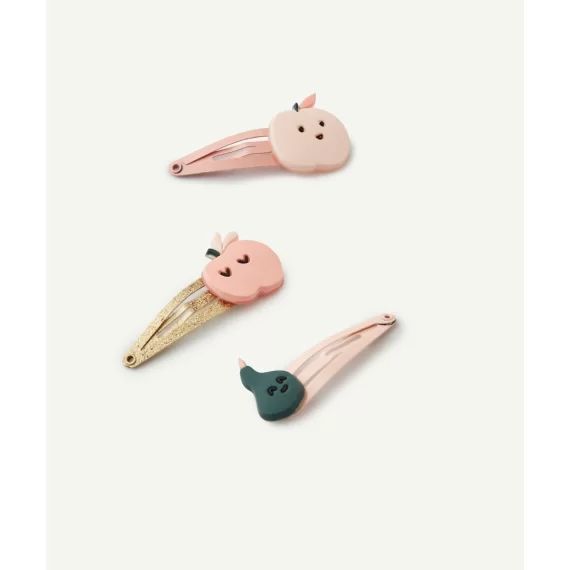 Lot de 3 barrettes bébé fille rose et couleur dorée avec fruits –  – Soldes