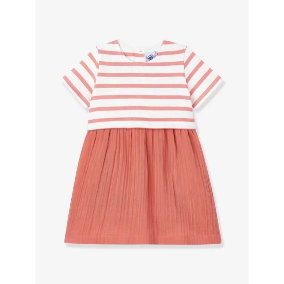 Robe bi-matière en gaze de coton et jersey épais bio bébé – PETIT BATEAU corail