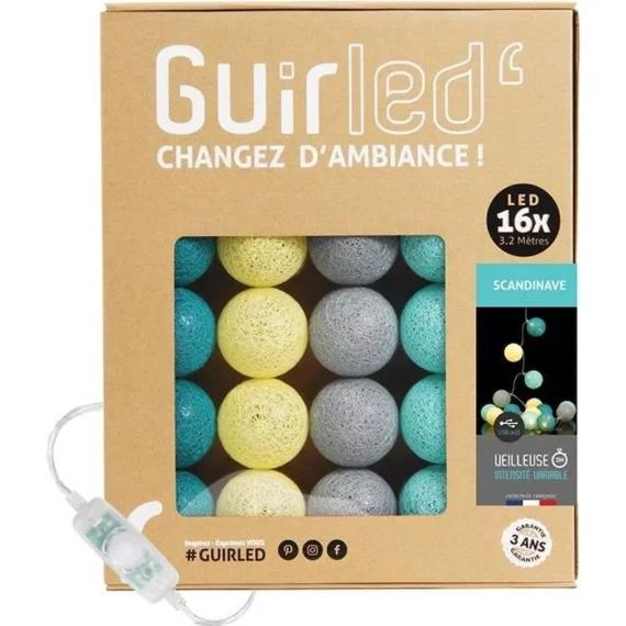 Guirlande lumineuse boules coton LED USB – Veilleuse bébé 2h –  3 intensités – 16 boules 1,6m – Scandinave vert