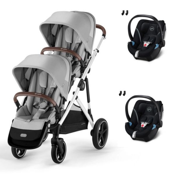 Poussette Double Cybex Gazelle S – Châssis Silver/ Assises Lava Grey + Coques Auto Aton 5 – Deep Black (2023)