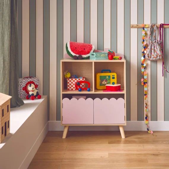 Bibliothèque Enfant Décor Bois 2 Étagères 2 Portes Azur Rose