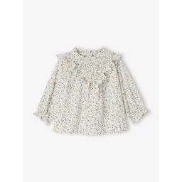 Blouse fleurie à smocks et volants bébé écru
