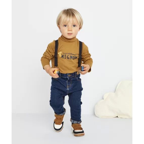 Jean droit bébé garçon en denim less water avec bretelles amovibles –  – Soldes
