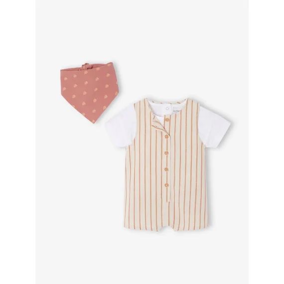 Ensemble tee-shirt + bandana + combinaison courte rayée bébé écru