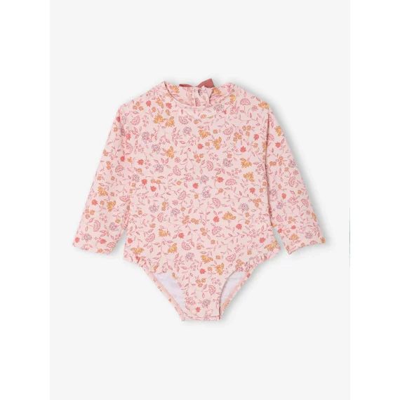 Maillot de bain anti-UV à manches longues bébé fille rose pâle imprimé