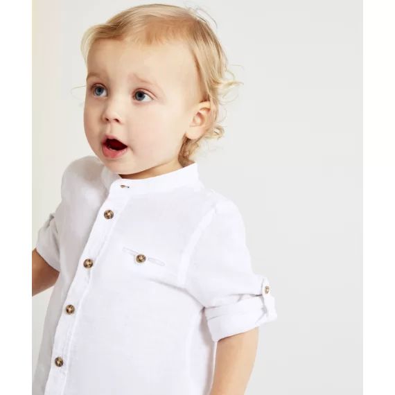 Chemise col mao garçon blanc en lin et coton –  – Soldes