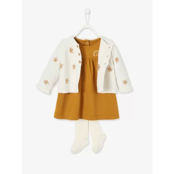 Ensemble cardigan brodé + robe en molleton + collant bébé caramel imprimé
