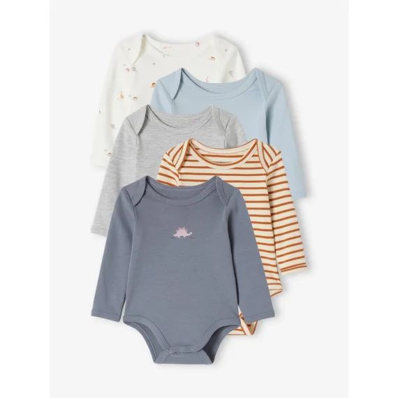 Lot 5 bodies manches longues bébé ouverture US en coton bio bleu