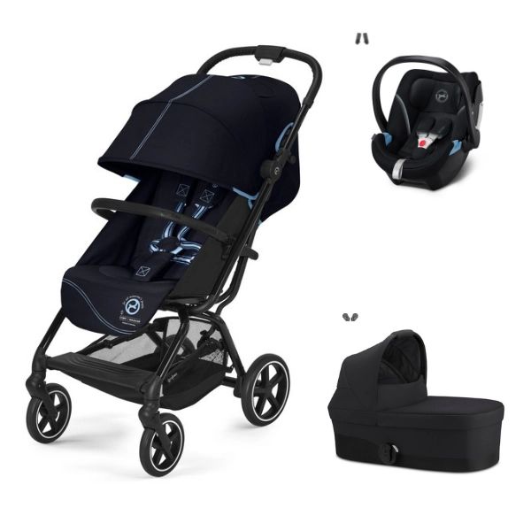 Poussette Cybex Eezy S PLUS 2 – Ocean Blue + Nacelle – Moon Black + Coque Auto Aton 5 – Deep Black