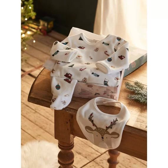 Coffret cadeau de Noël bébé dors-bien en velours + bavoir mixte ivoire imprimé