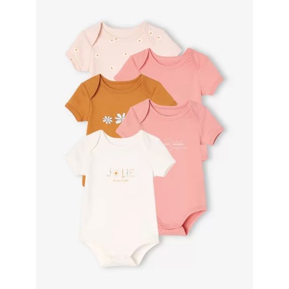 Lot de 5 bodies marguerites manches courtes bébé ouverture US rose pâle