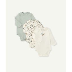 Lot de 3 bodies en coton biologique blanc et vert imprimé singes –  – Soldes