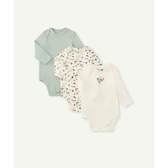 Lot de 3 bodies en coton biologique blanc et vert imprimé singes –  – Soldes