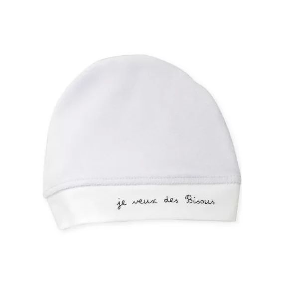 Bonnet bébé en velours bleu Je veux des bisous (0-1 mois)