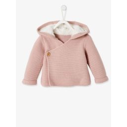 Cardigan avec capuche doublée fausse fourrure bébé rose pale