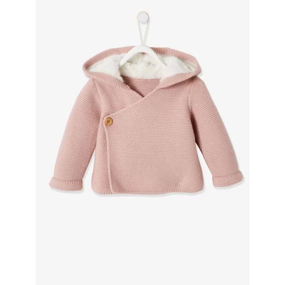 Cardigan avec capuche doublée fausse fourrure bébé rose pale