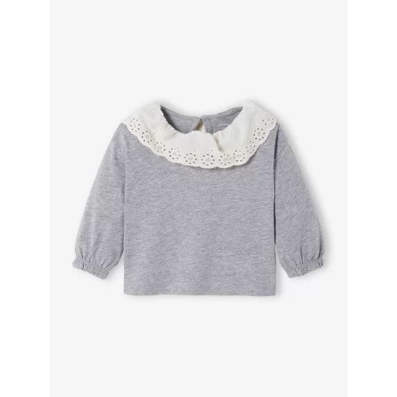 T-shirt avec col en broderie anglaise bébé gris chiné