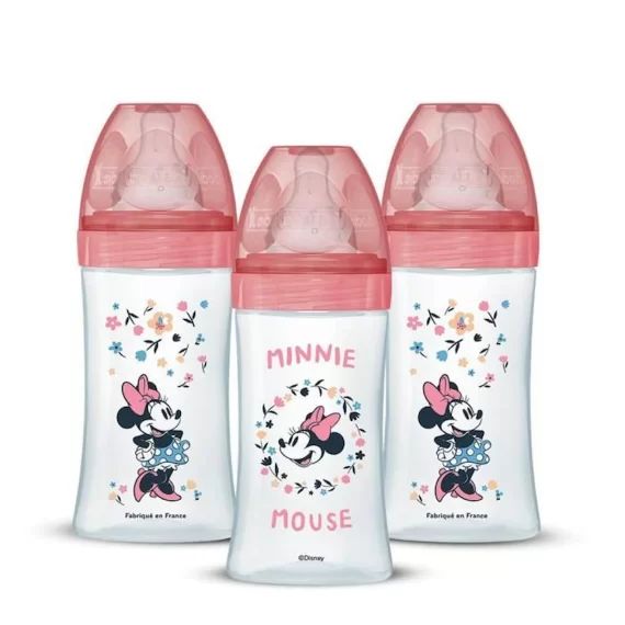 Lot de 3 Biberons DODIE Anti-Colique Initiation+ – Minnie – 270ml – 0-6 Mois – Tétine Ronde – Débit 2 rose