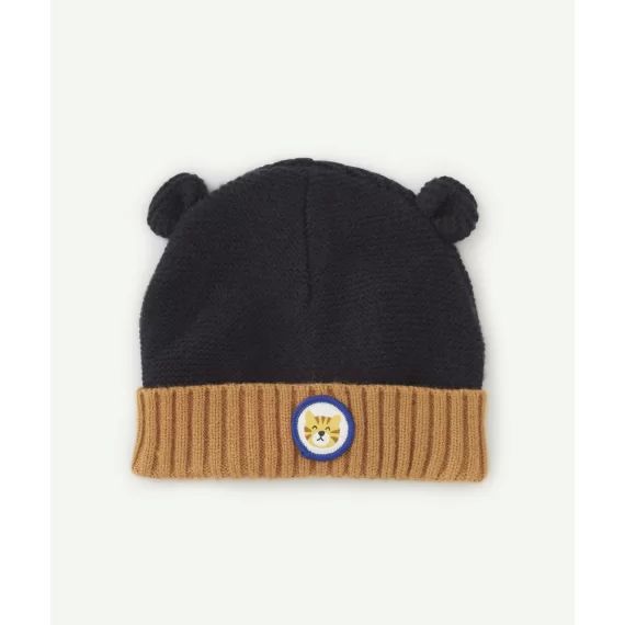 Bonnet bébé garçon en tricot bleu marine avec patch –  – Soldes
